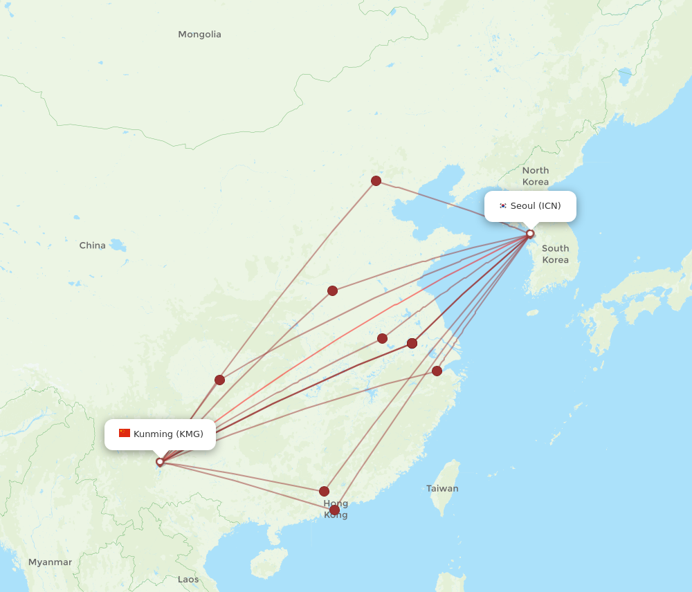 All Flight Routes From Kunming To Seoul, KMG To ICN - Flight Routes