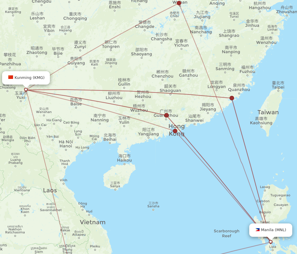 All flight routes from Kunming to Manila, KMG to MNL - Flight Routes