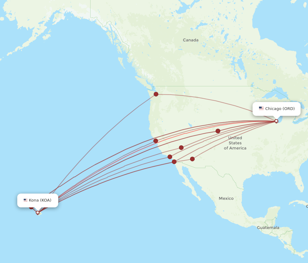 All flight routes from Kailua-Kona to Chicago, KOA to ORD - Flight Routes