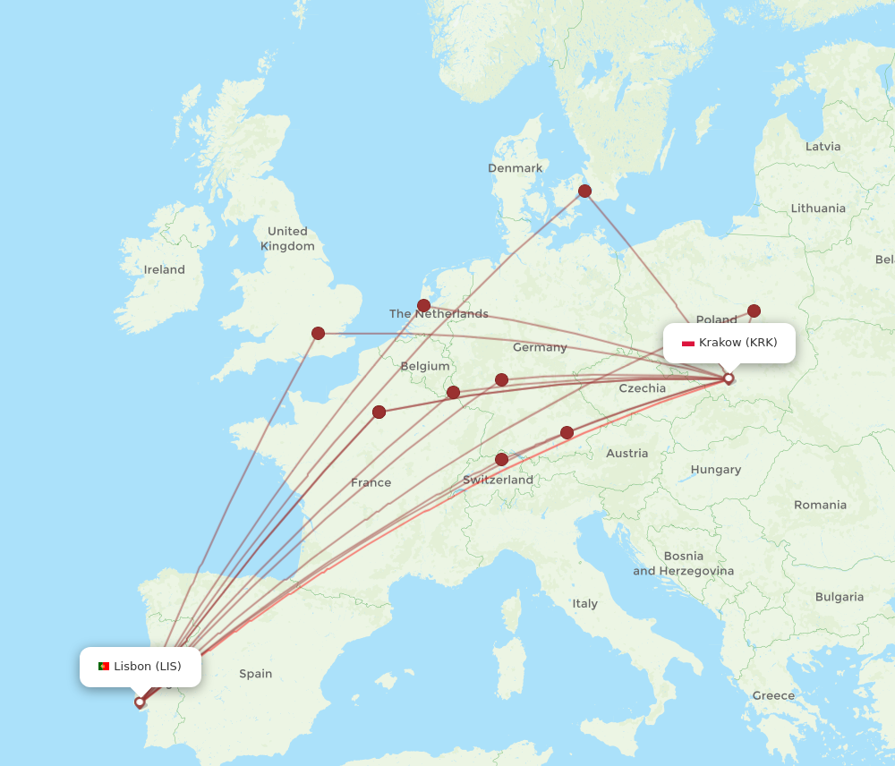 Flights from Krakow to Lisbon KRK to LIS Flight Routes