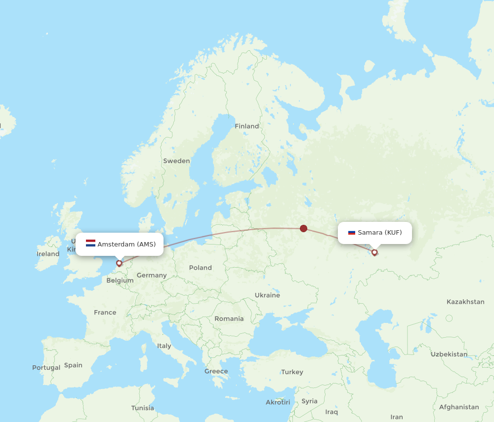 All flight routes from Amsterdam to Samara, AMS to KUF - Flight Routes