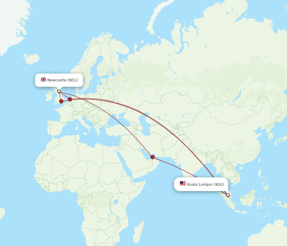 KUL to NCL flights and routes map
