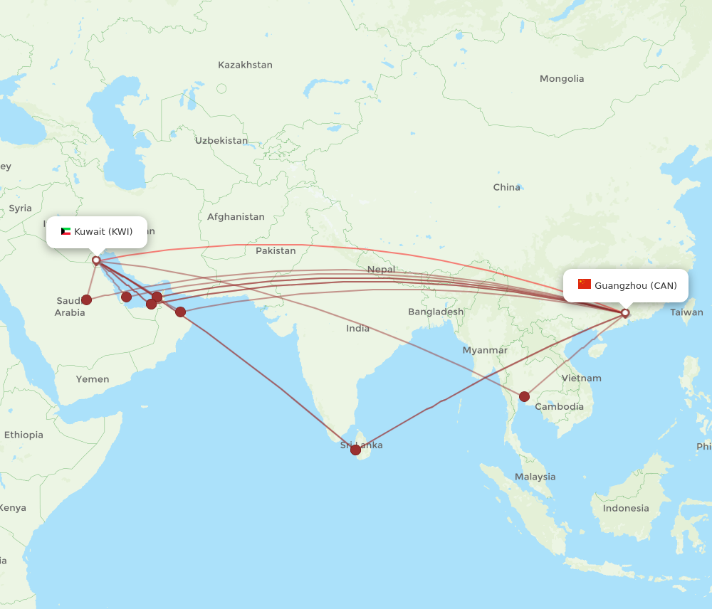 Flights from Kuwait to Guangzhou KWI to CAN Flight Routes