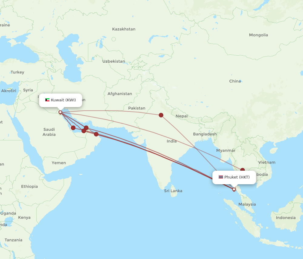 Flights from Kuwait to Phuket KWI to HKT Flight Routes