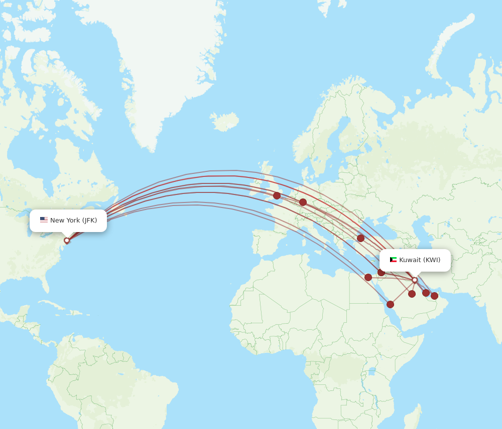 All flight routes from Kuwait to New York, KWI to JFK - Flight Routes