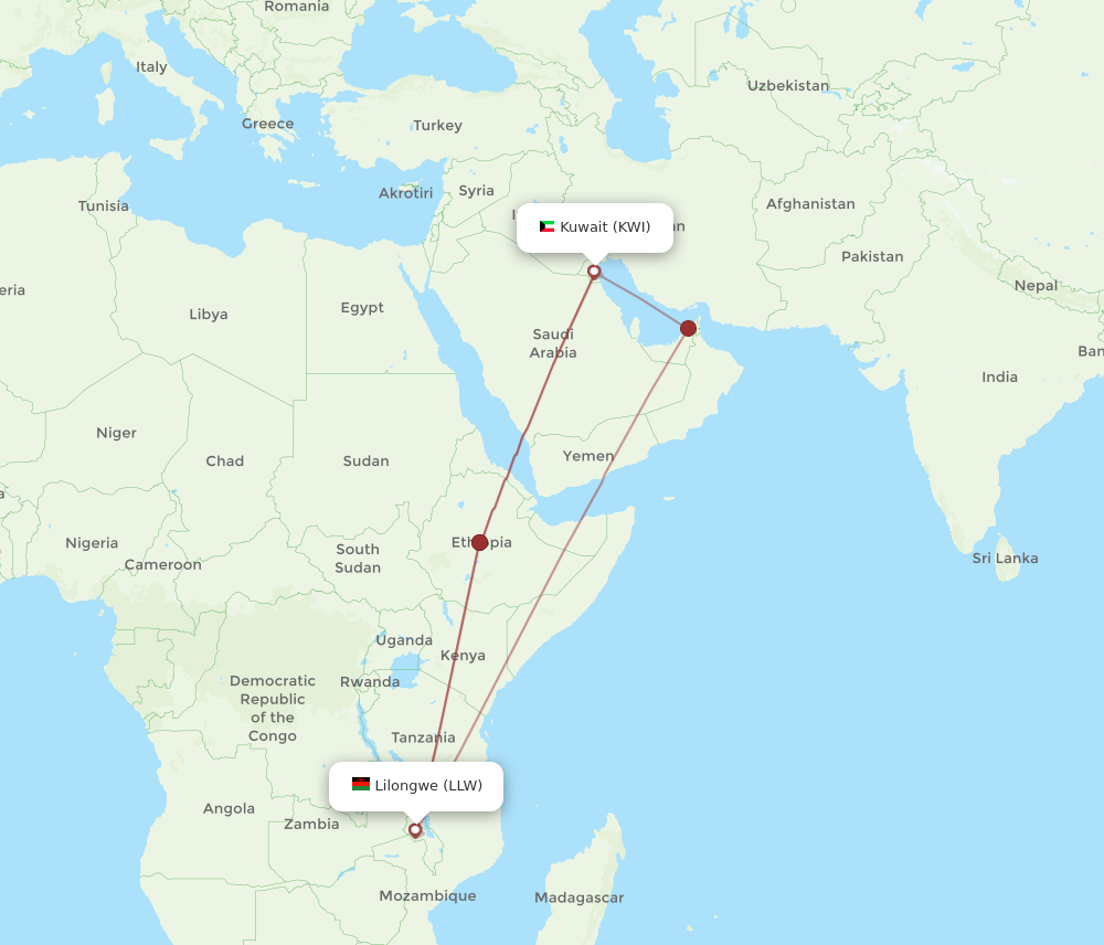 Flights from Kuwait to Lilongwe KWI to LLW Flight Routes