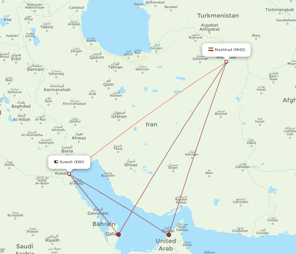 Flights from Kuwait to Mashad KWI to MHD Flight Routes