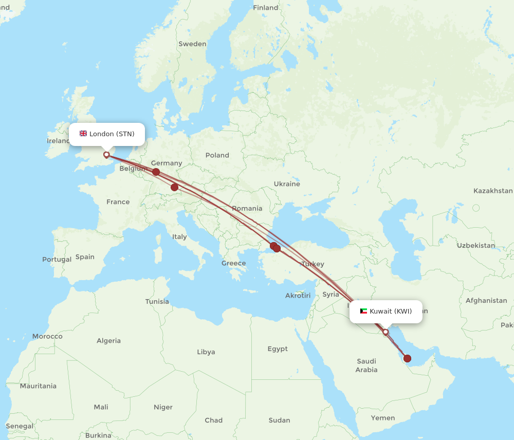 Flights from Kuwait to London KWI to STN Flight Routes