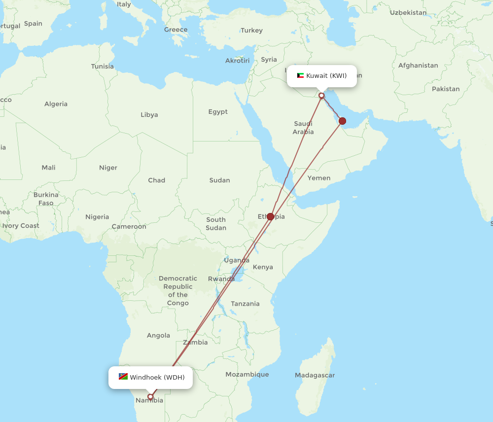 Flights from Kuwait to Windhoek KWI to WDH Flight Routes