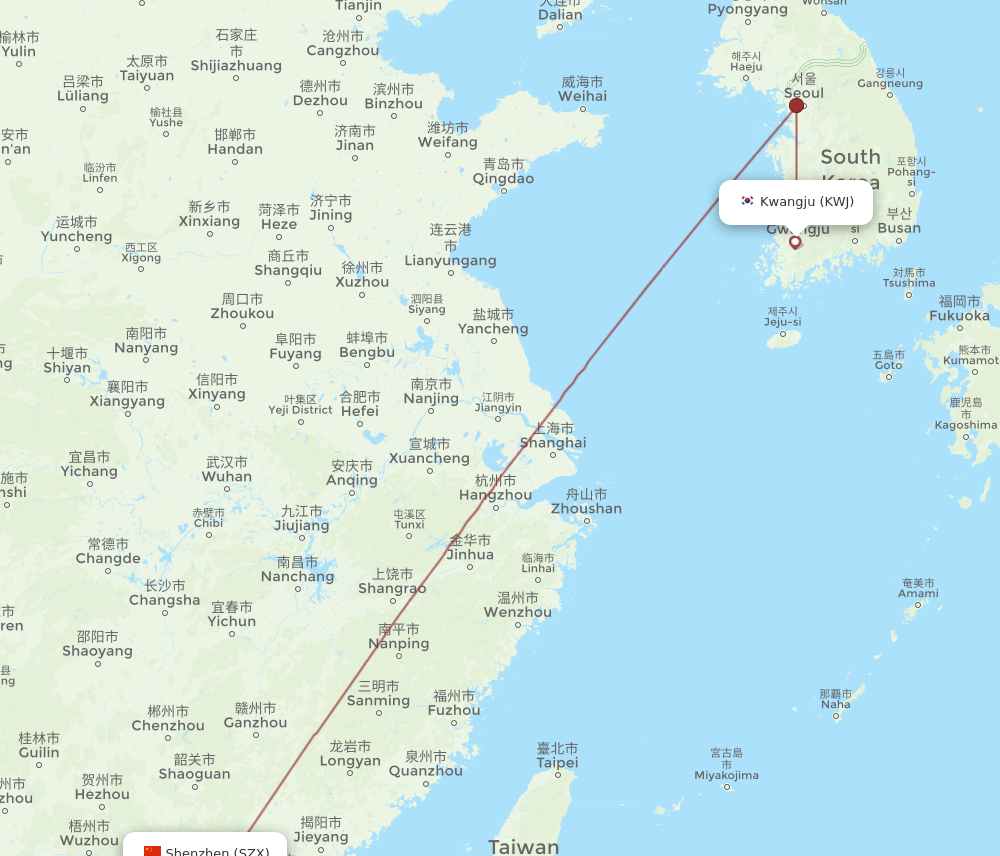 KWJ to SZX flights and routes map