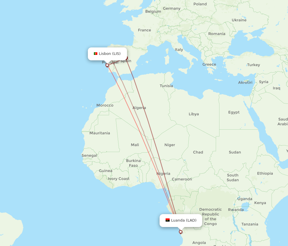 Flights from Luanda to Lisbon LAD to LIS Flight Routes