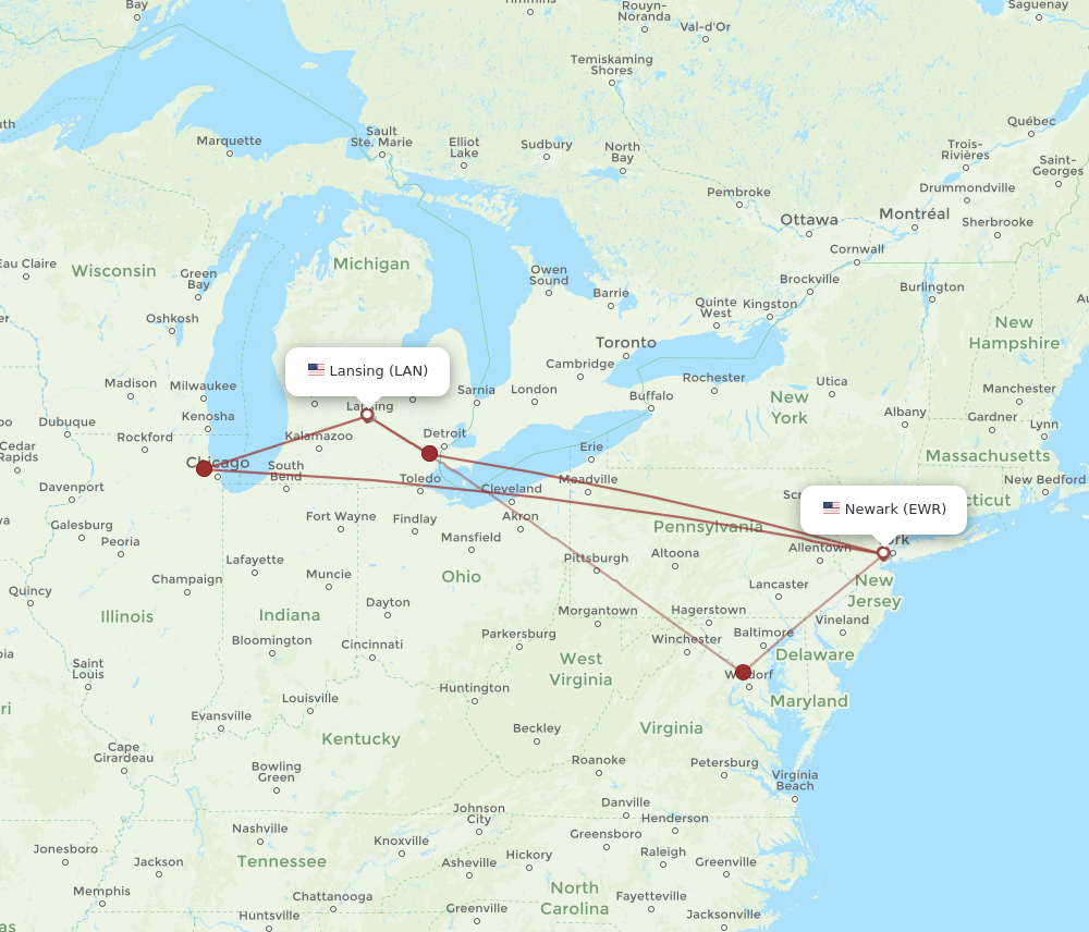 All flight routes from Lansing to New York, LAN to EWR Flight Routes