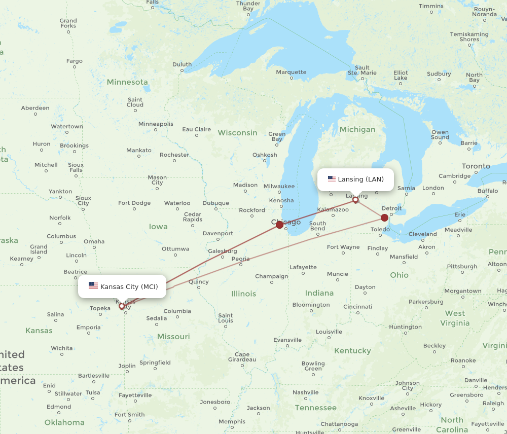 Flights from Lansing to Kansas City LAN to MCI Flight Routes