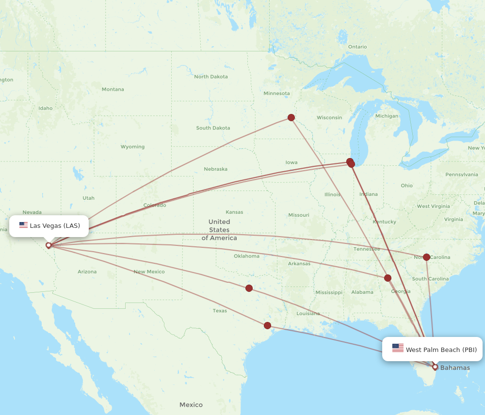 All flight routes from Las Vegas to West Palm Beach, LAS to PBI ...