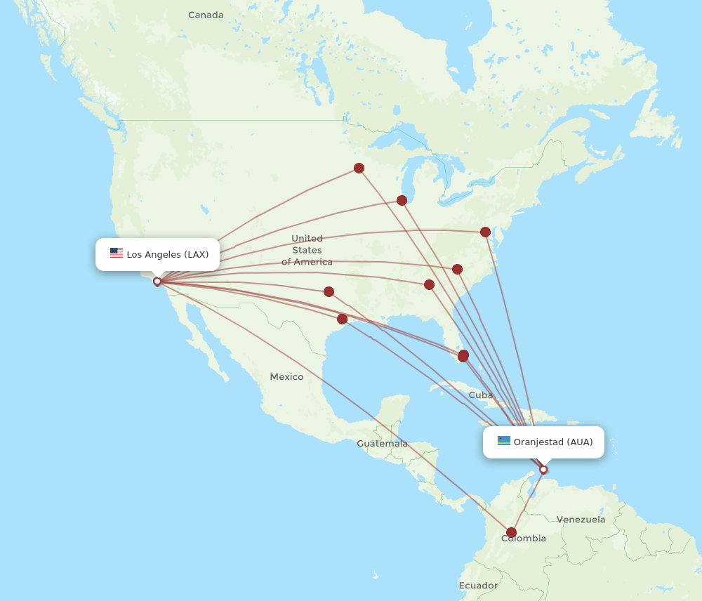 LAX to AUA flights and routes map