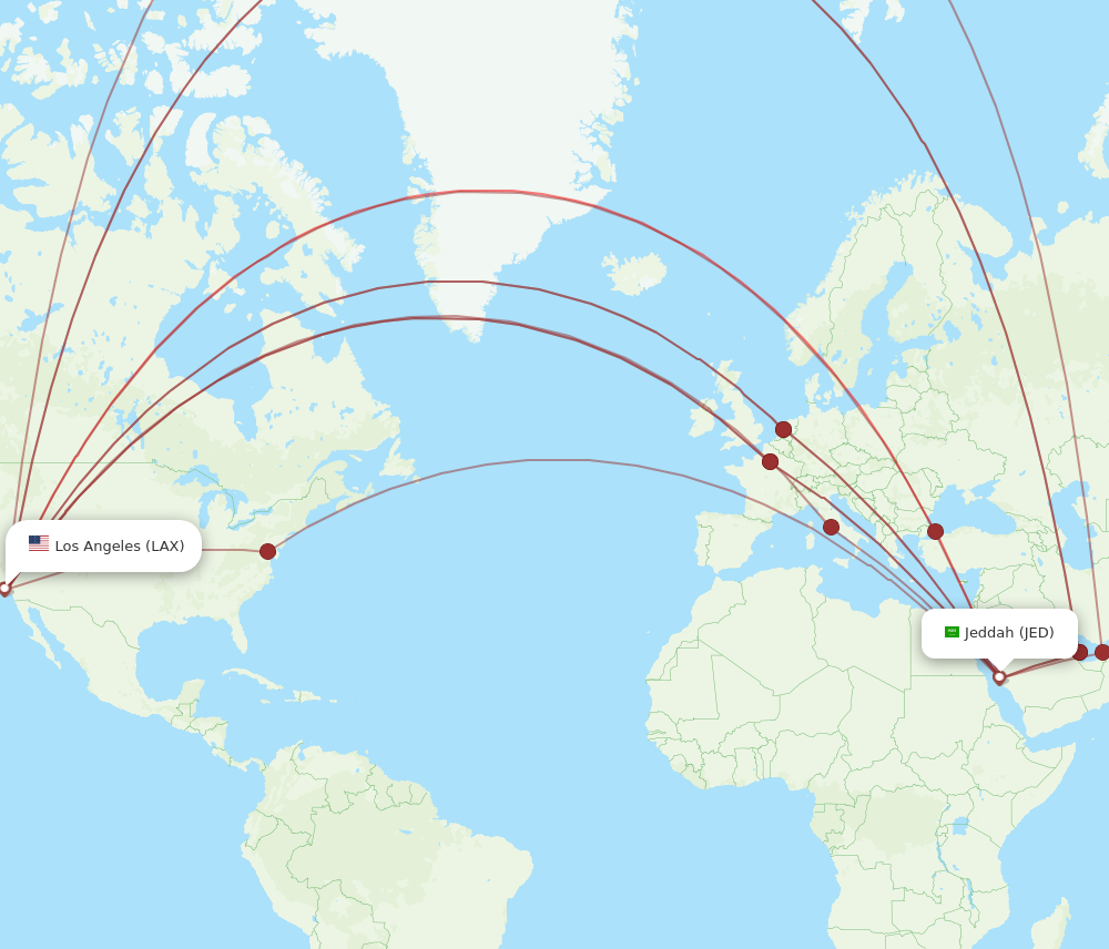 All flight routes from Los Angeles to Jeddah, LAX to JED - Flight Routes