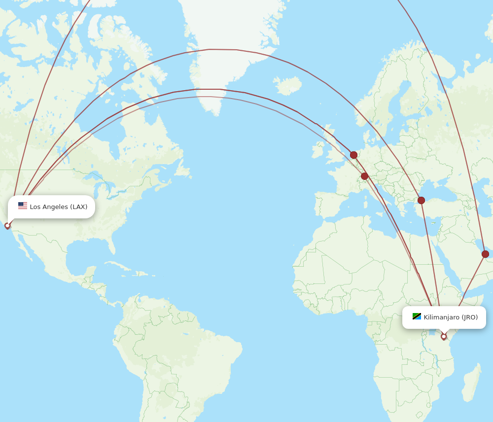 All flight routes from Los Angeles to Kilimanjaro, LAX to JRO - Flight ...