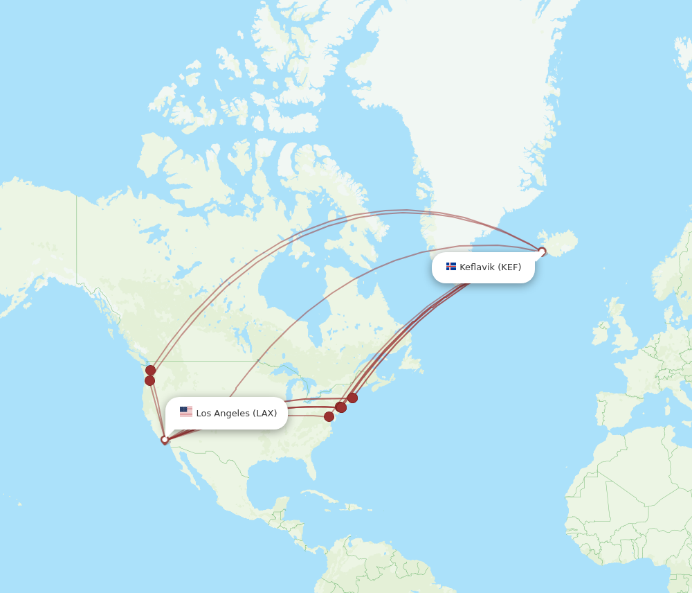 LAX to KEF flights and routes map