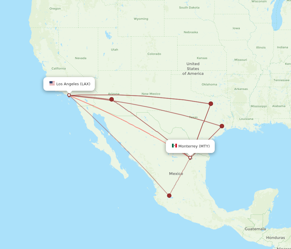 All flight routes from Los Angeles to Monterrey, LAX to MTY - Flight Routes