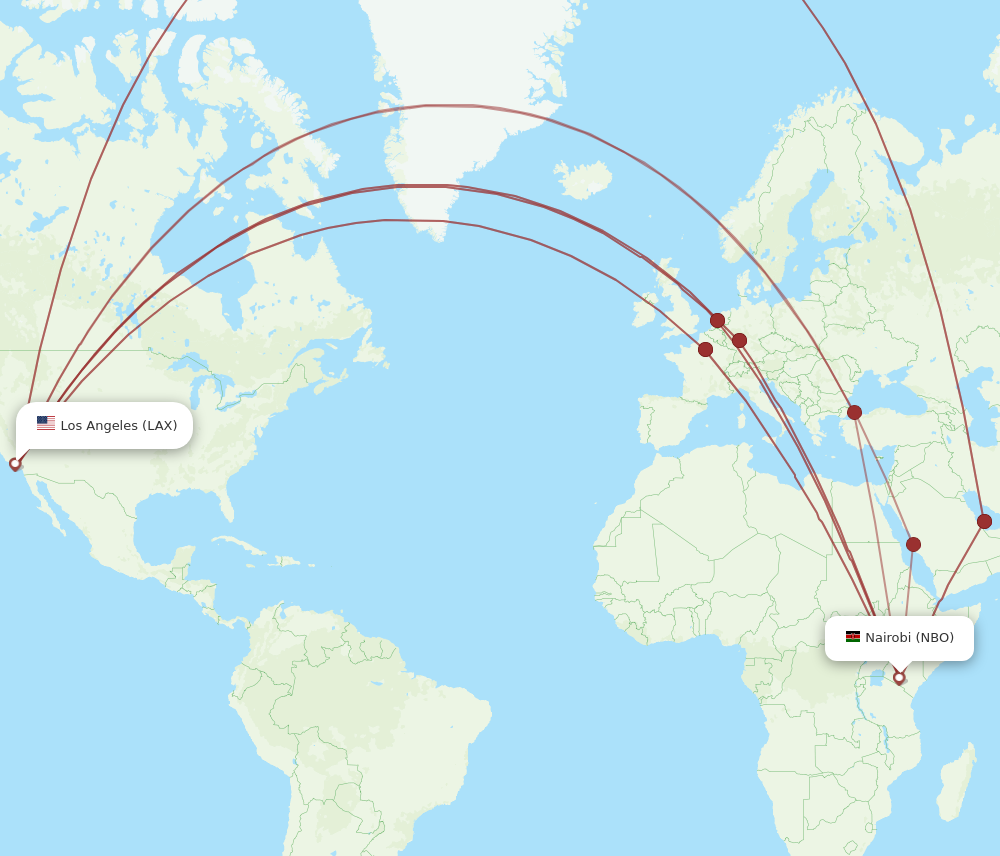 All flight routes from Los Angeles to Nairobi, LAX to NBO Flight Routes