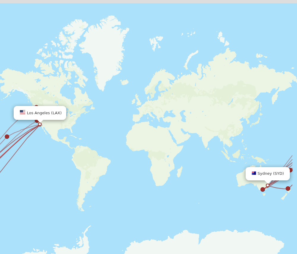 All flight routes from Los Angeles to Sydney, LAX to SYD Flight Routes