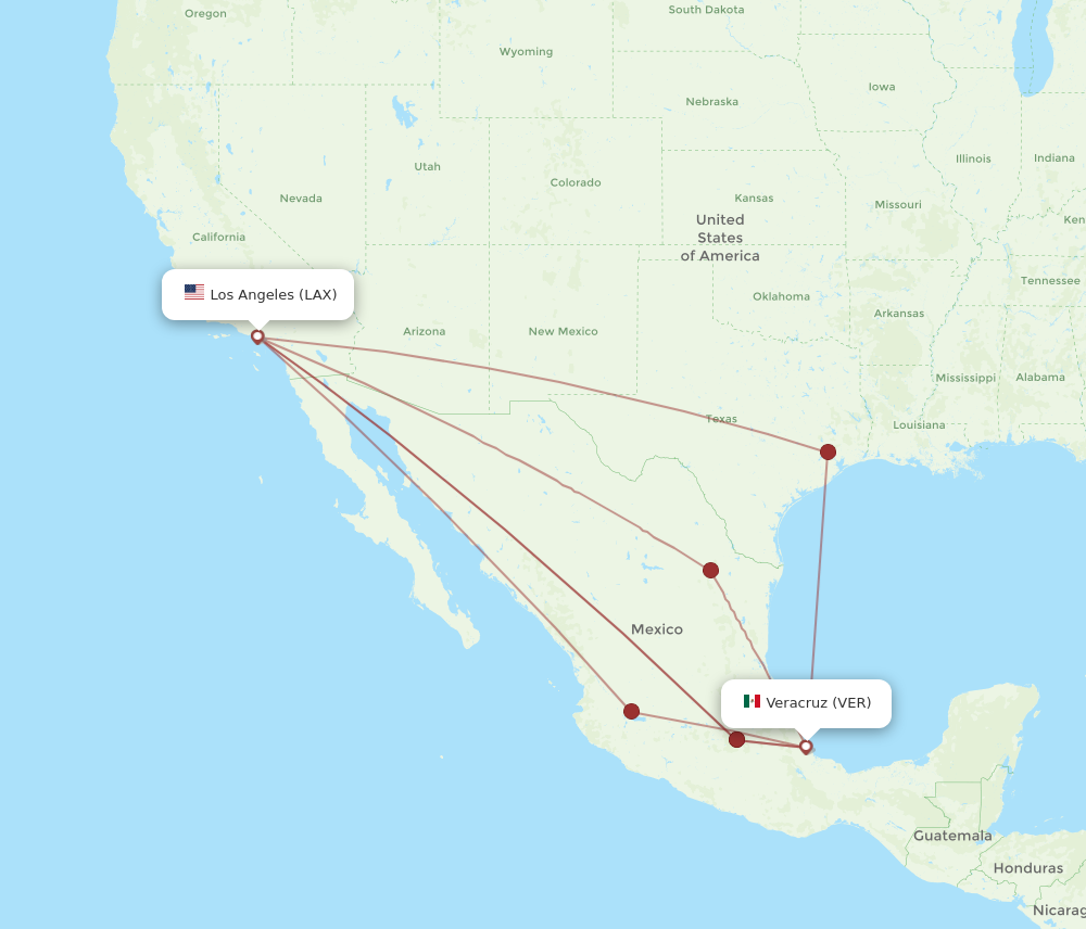 All flight routes from Los Angeles to Veracruz, LAX to VER - Flight Routes