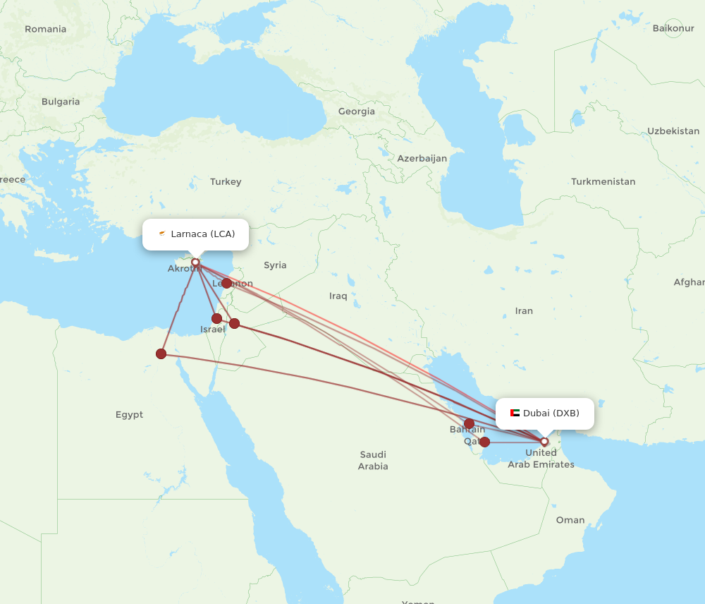LCA to DXB flights and routes map