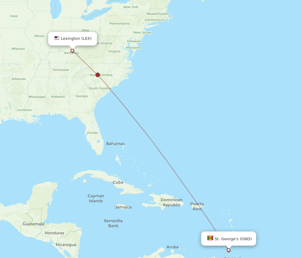 All flight routes from Lexington to St. George's, LEX to GND - Flight ...