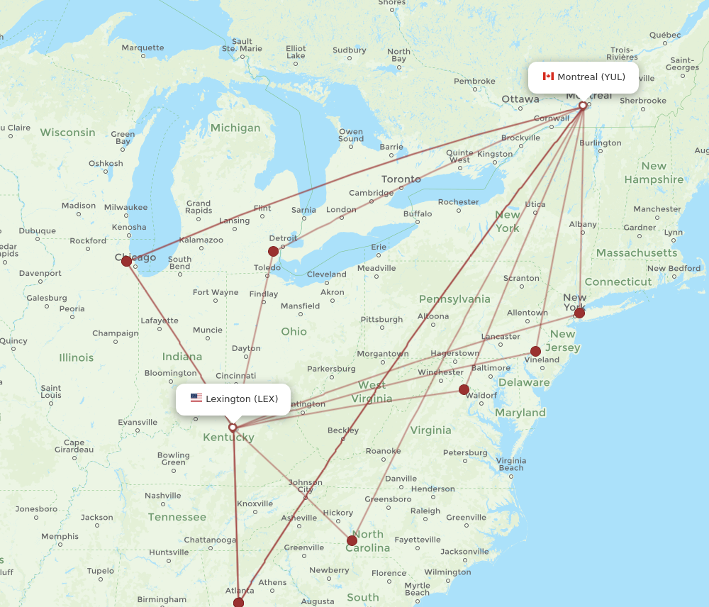 All Flight Routes From Lexington To Montreal, LEX To YUL - Flight Routes