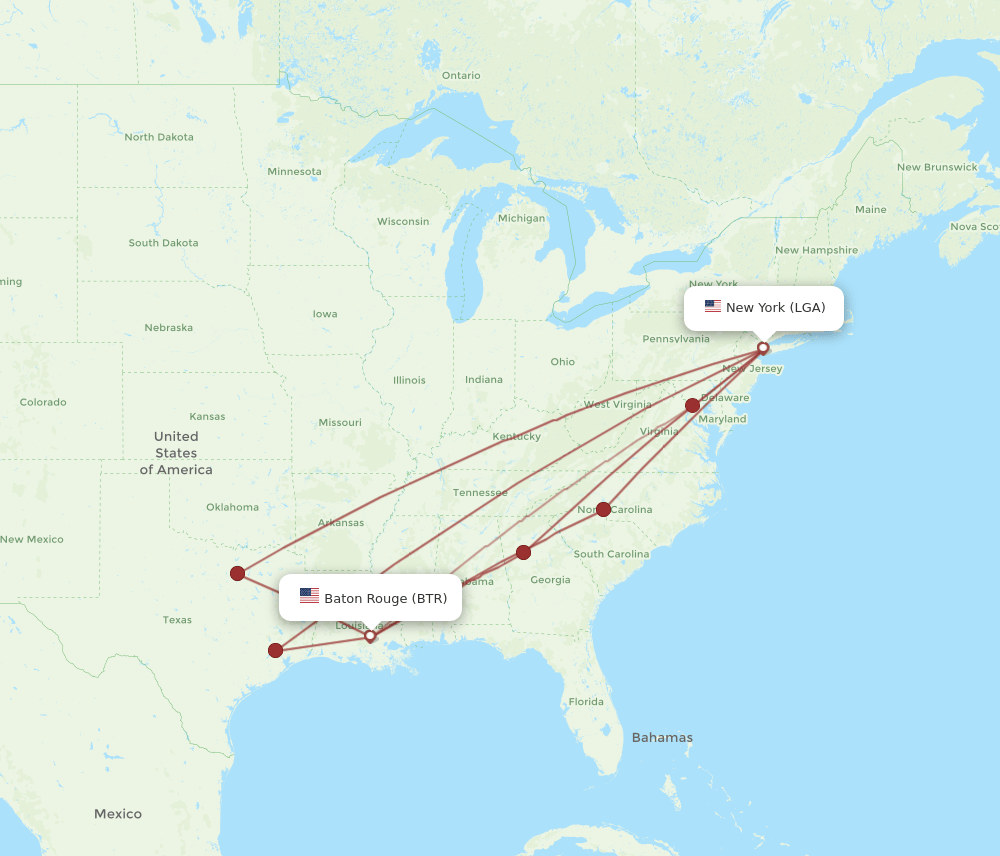 Flights from New York to Baton Rouge, LGA to BTR Flight Routes