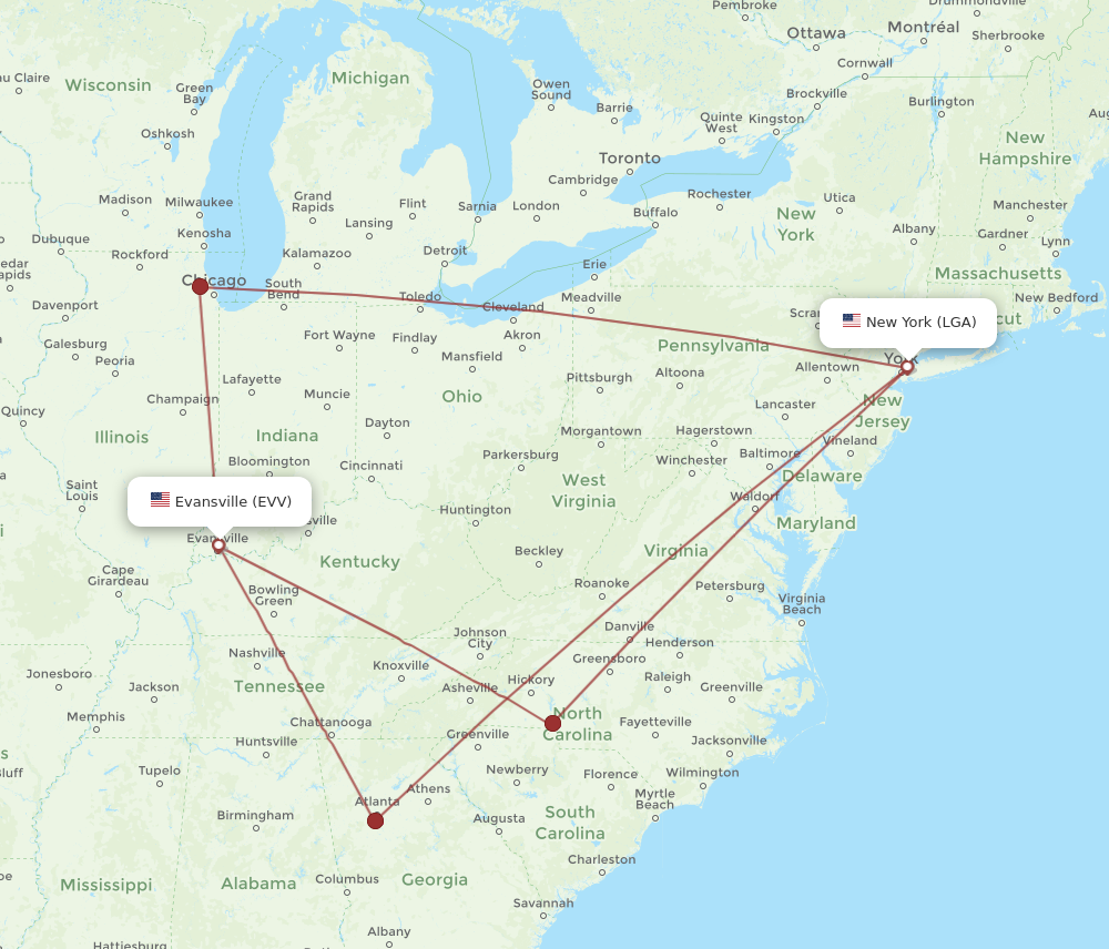 Flights from New York to Evansville LGA to EVV Flight Routes