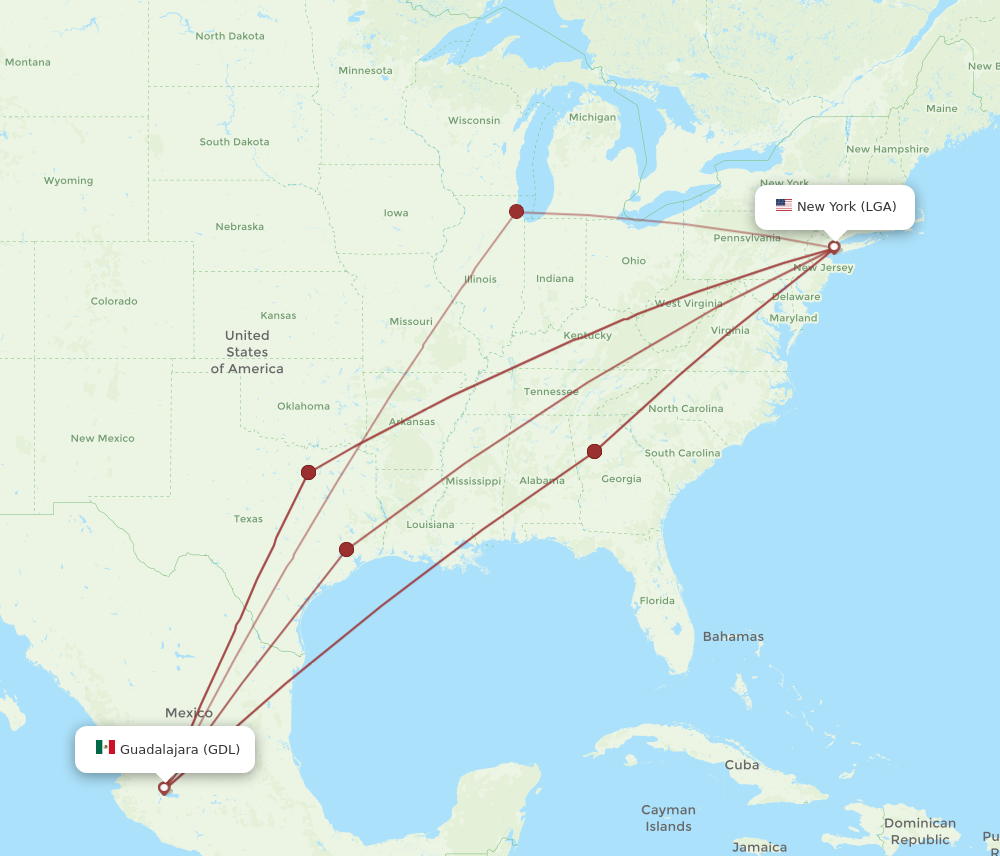 Flights from New York to Guadalajara, LGA to GDL - Flight Routes