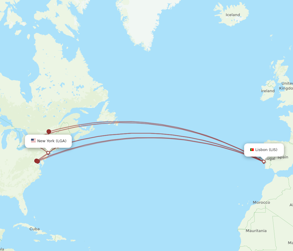 All flight routes from New York to Lisbon, LGA to LIS Flight Routes