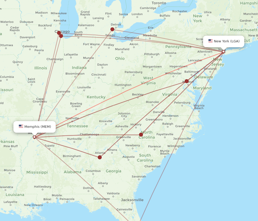 Flights from New York to Memphis LGA to MEM Flight Routes