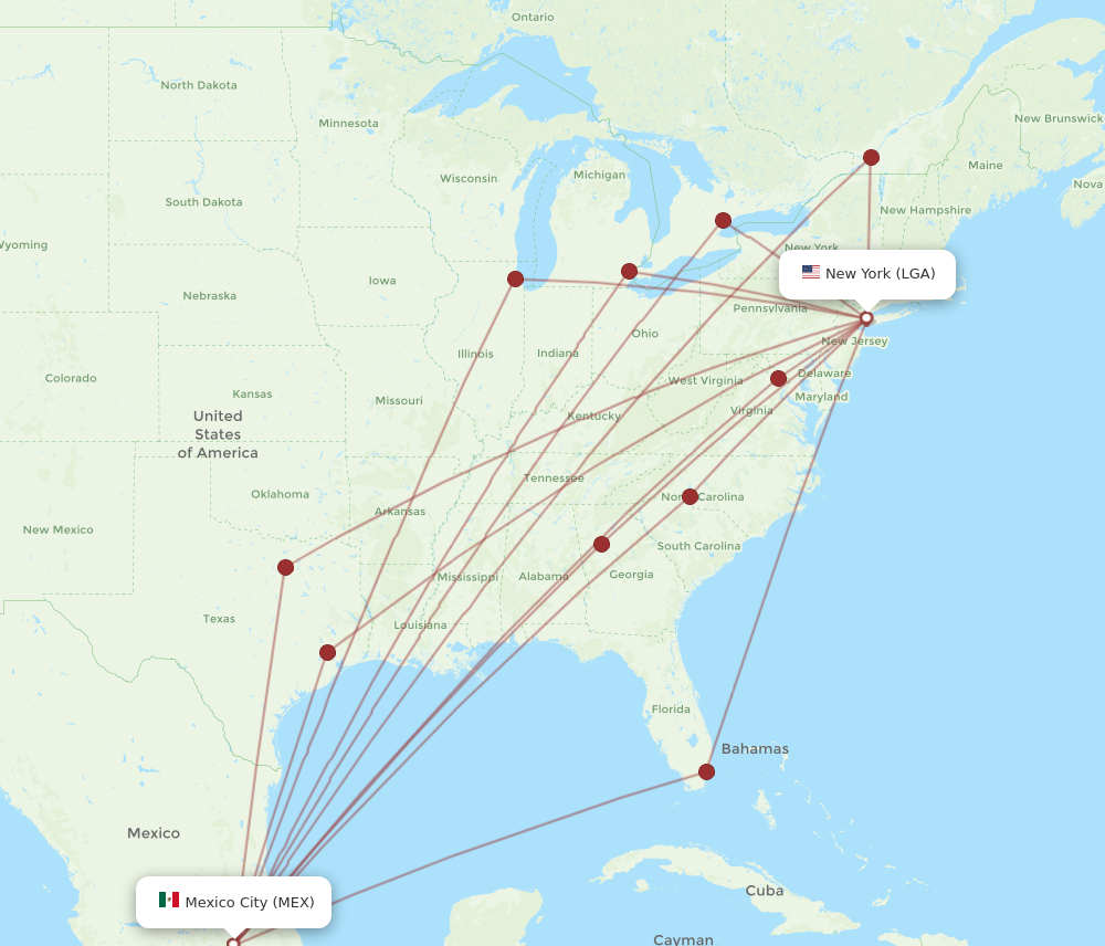 All flight routes from New York to Mexico City, LGA to MEX - Flight Routes