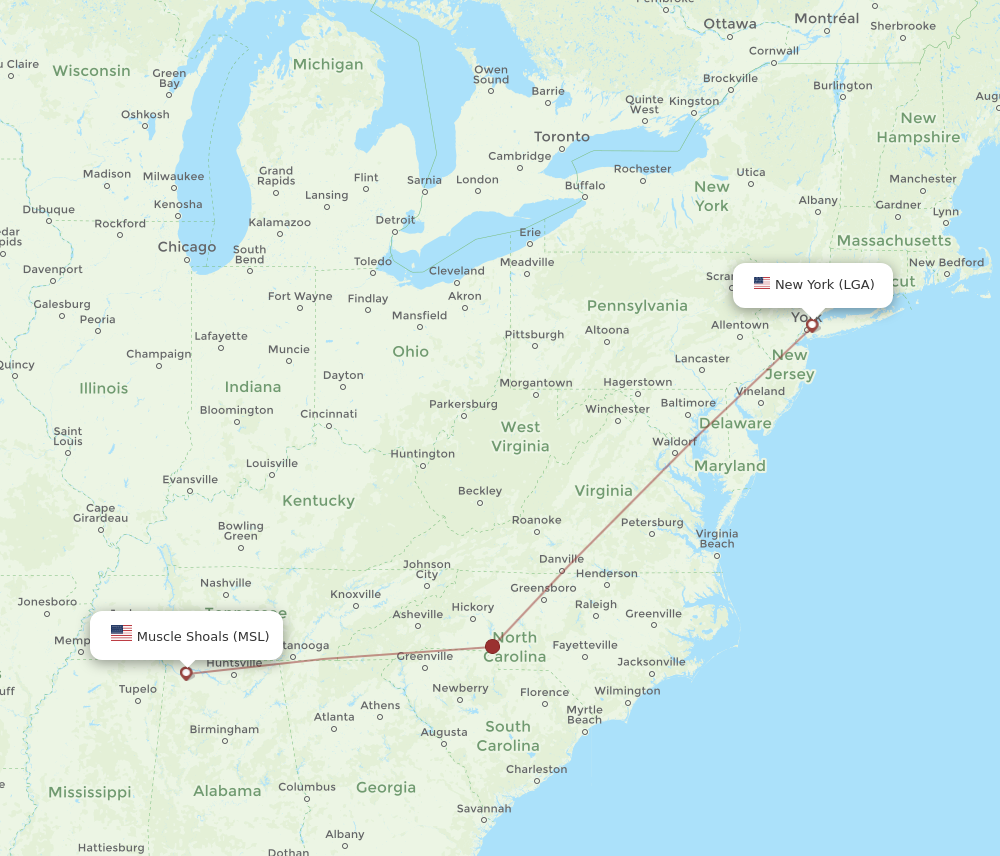 Flights from New York to Muscle Shoals LGA to MSL Flight Routes