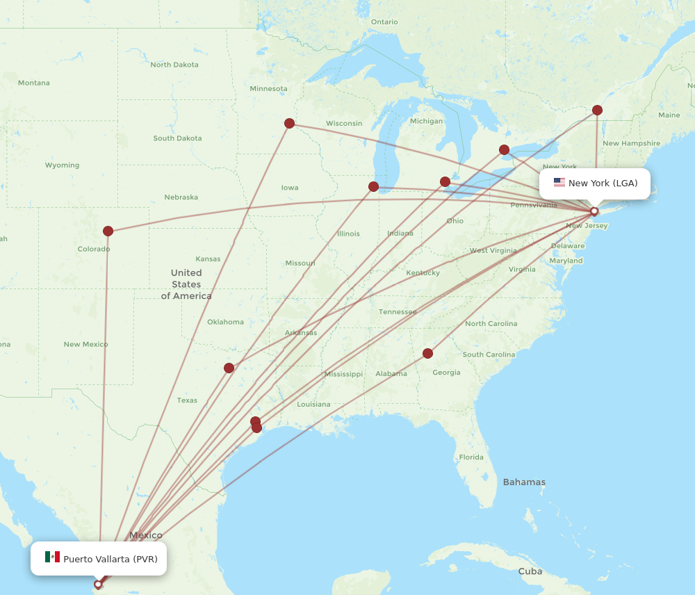 All flight routes from New York to Puerto Vallarta, LGA to PVR - Flight ...