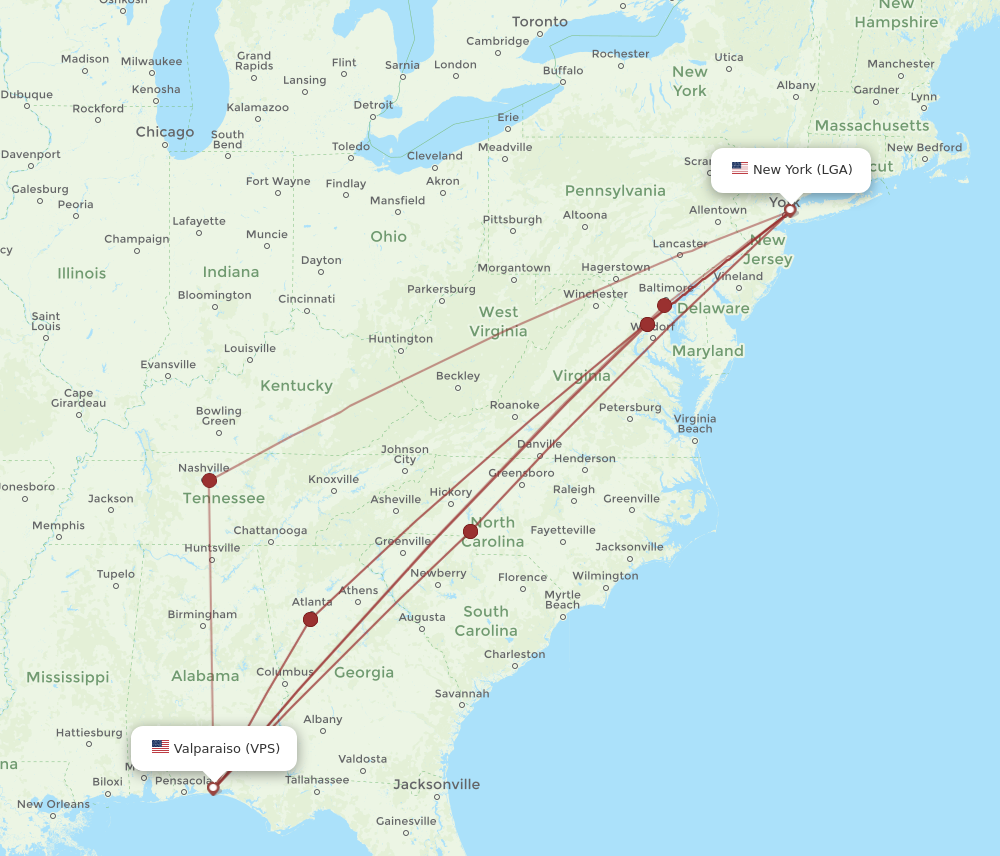 All flight routes from New York to Fort Walton Beach, LGA to VPS ...