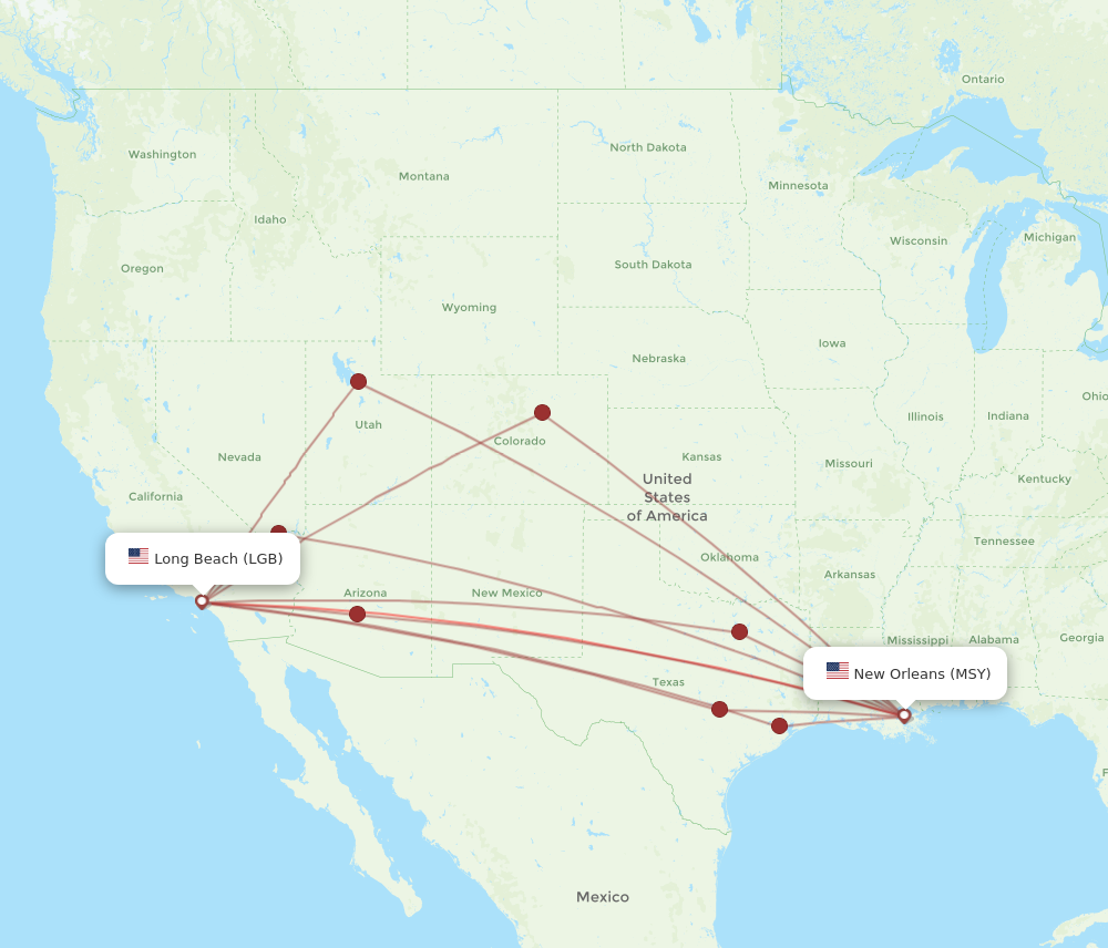 All flight routes from Long Beach to New Orleans, LGB to MSY - Flight ...