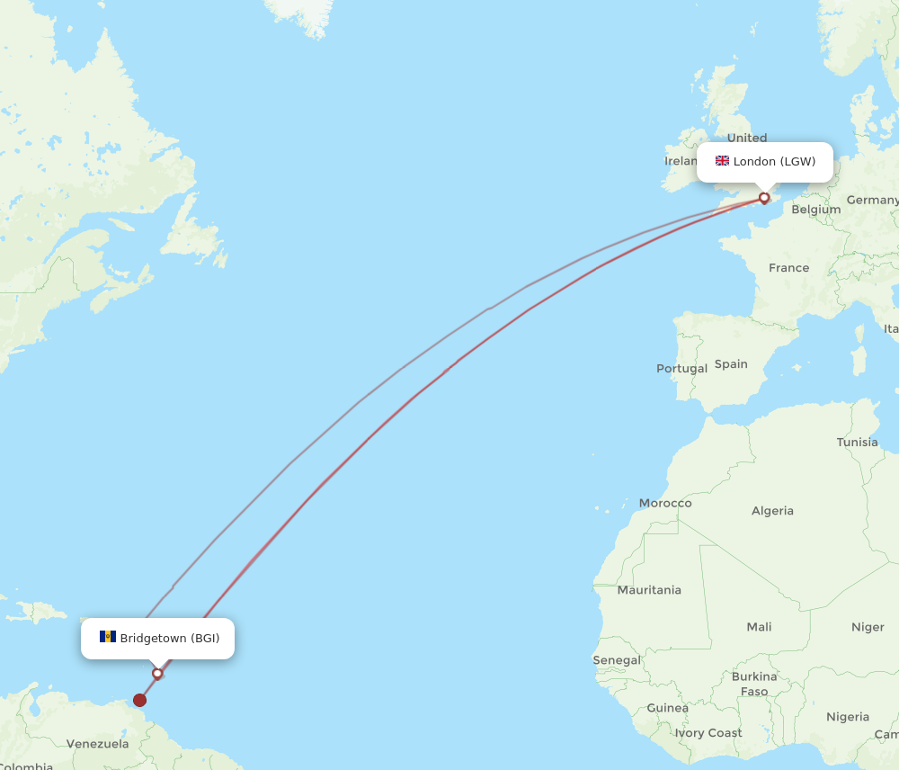 Flights from London to Bridgetown LGW to BGI Flight Routes