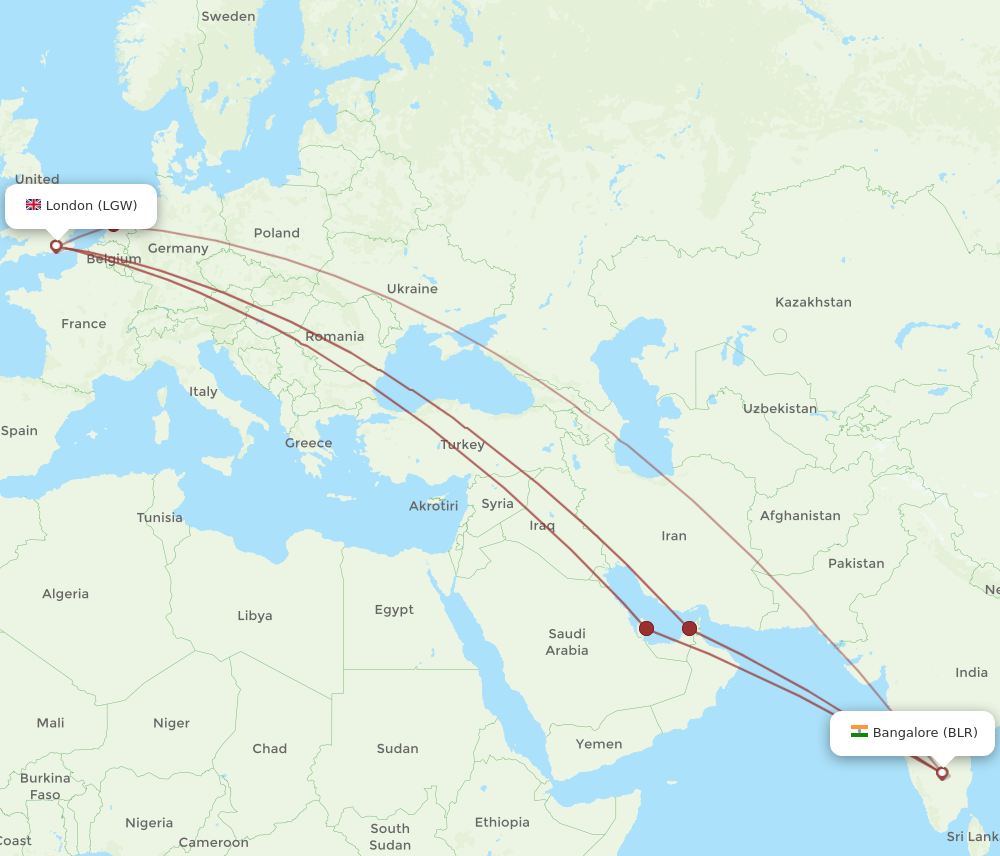 LGW to BLR flights and routes map