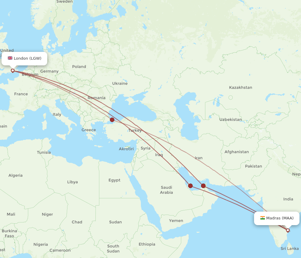 LGW to MAA flights and routes map