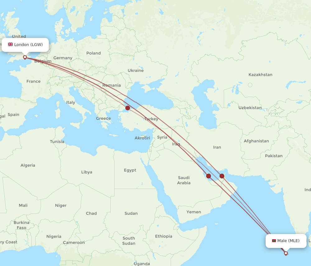 Flights from London to Male LGW to MLE Flight Routes