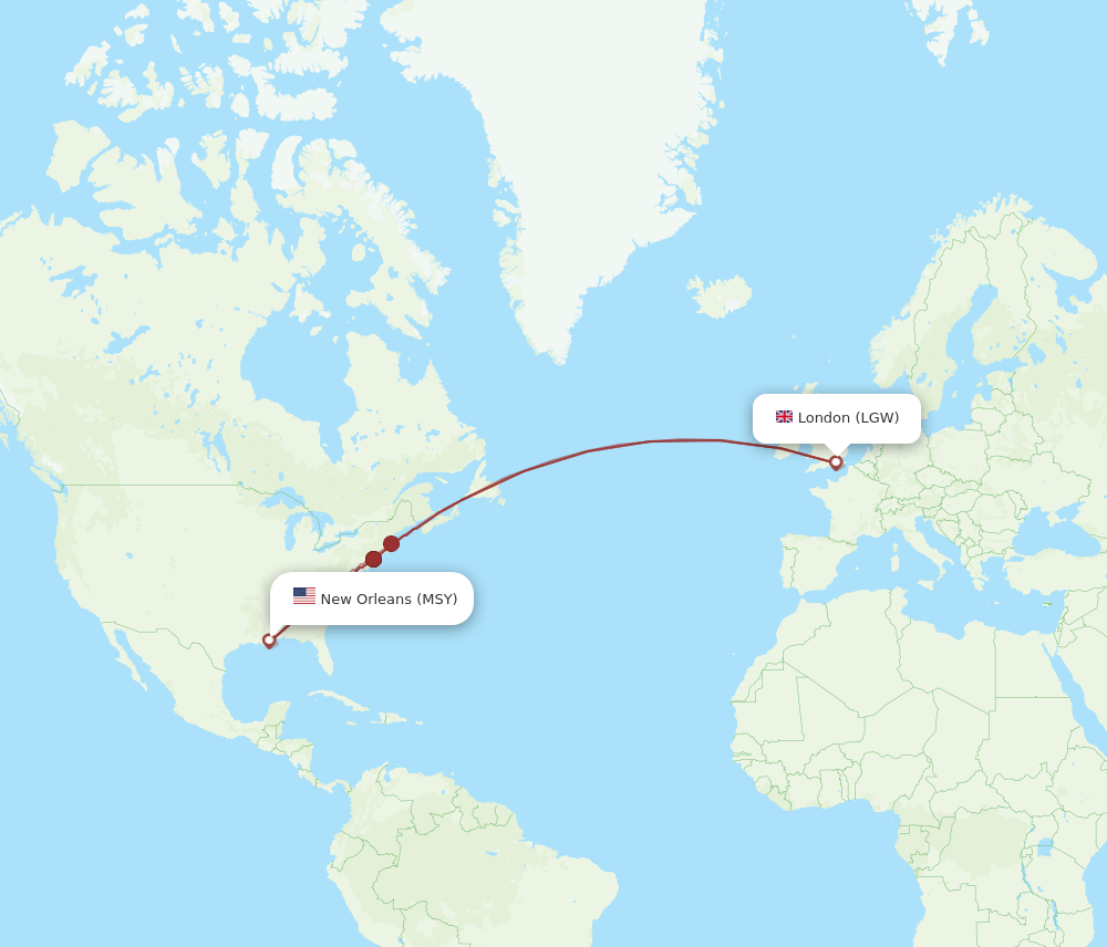 Flights from London to New Orleans LGW to MSY Flight Routes