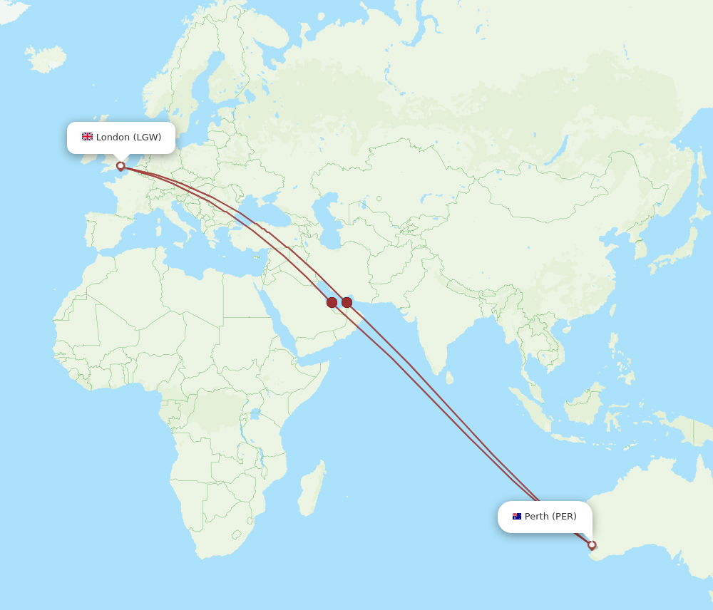 All flight routes from London to Perth, LGW to PER - Flight Routes