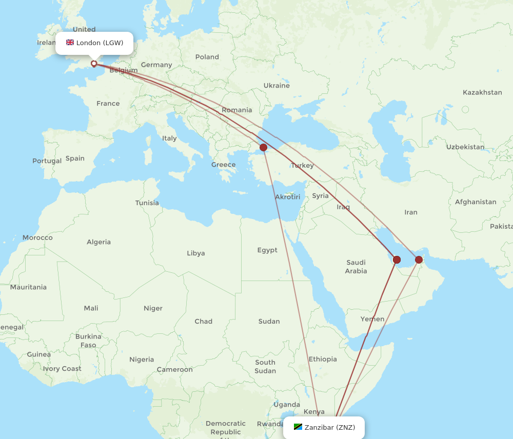 Flights from London to Zanzibar LGW to ZNZ Flight Routes