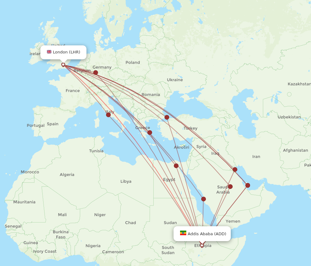 All Flight Routes From London To Addis Ababa, LHR To ADD - Flight Routes