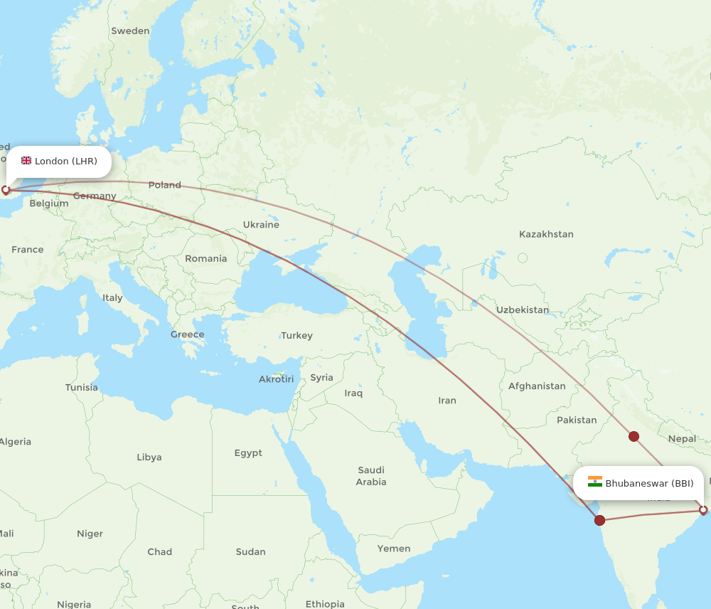 All Flight Routes From London To Bhubaneswar, LHR To BBI - Flight Routes