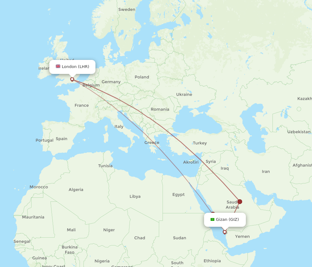 LHR to GIZ flights and routes map