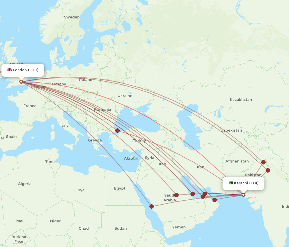 All flight routes from London to Karachi, LHR to KHI Flight Routes